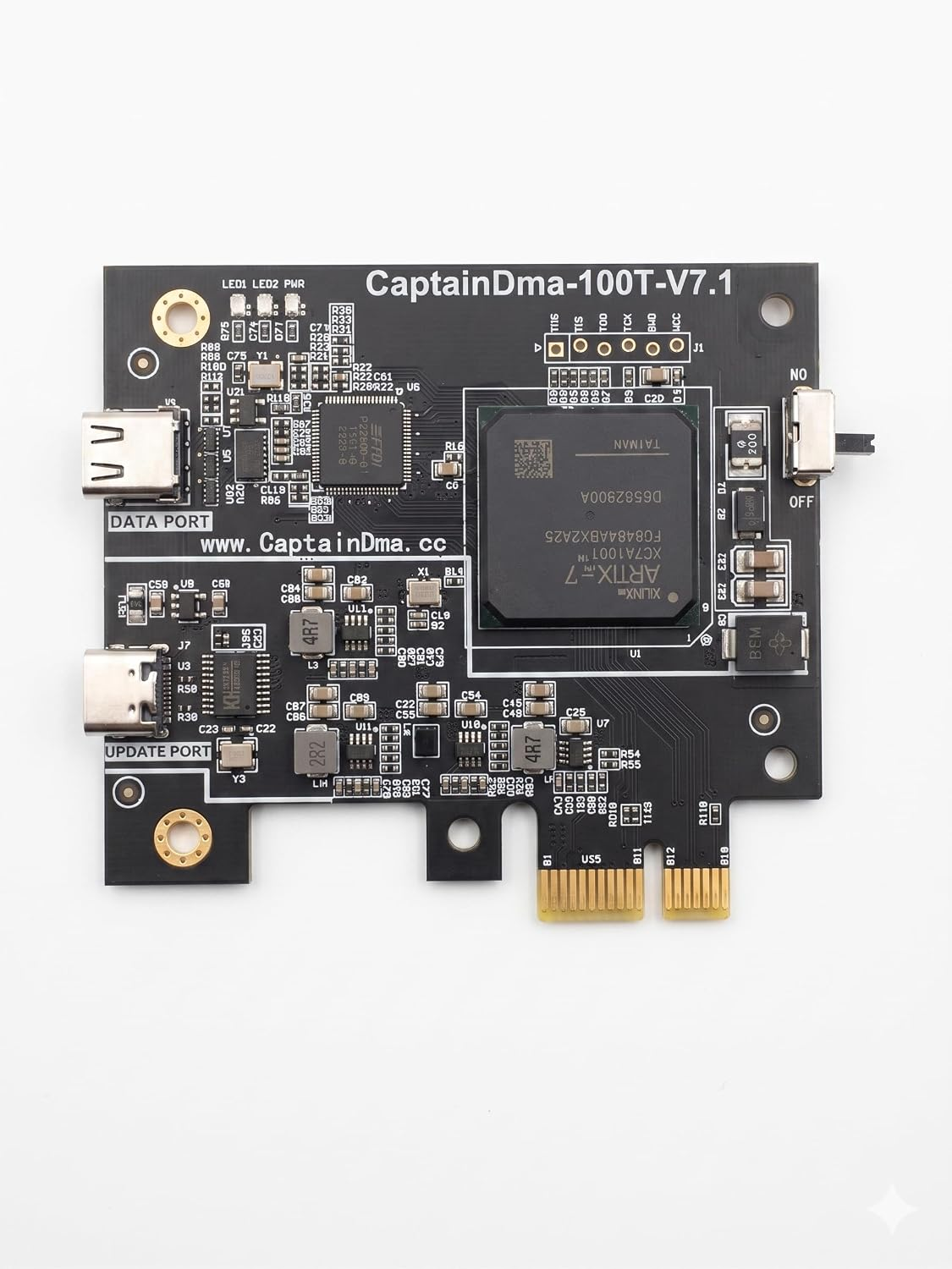 CaptainDMA 100T showing the DATA port, UPDATE port, and physical ON/OFF switch